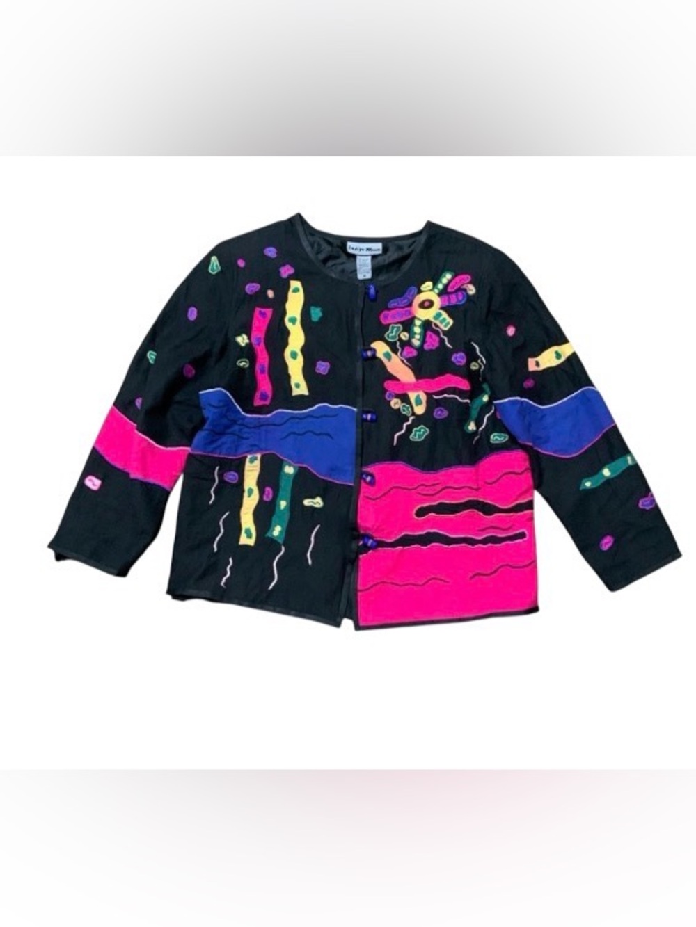 Vintage 90s Boho-Chic Indigo Moon Jacket: Black with Multicolor Abstract Design